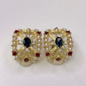Roxanne Assoulin Gold Tone Faux Pearl Red & Blue Rhinestone Clip On Earrings